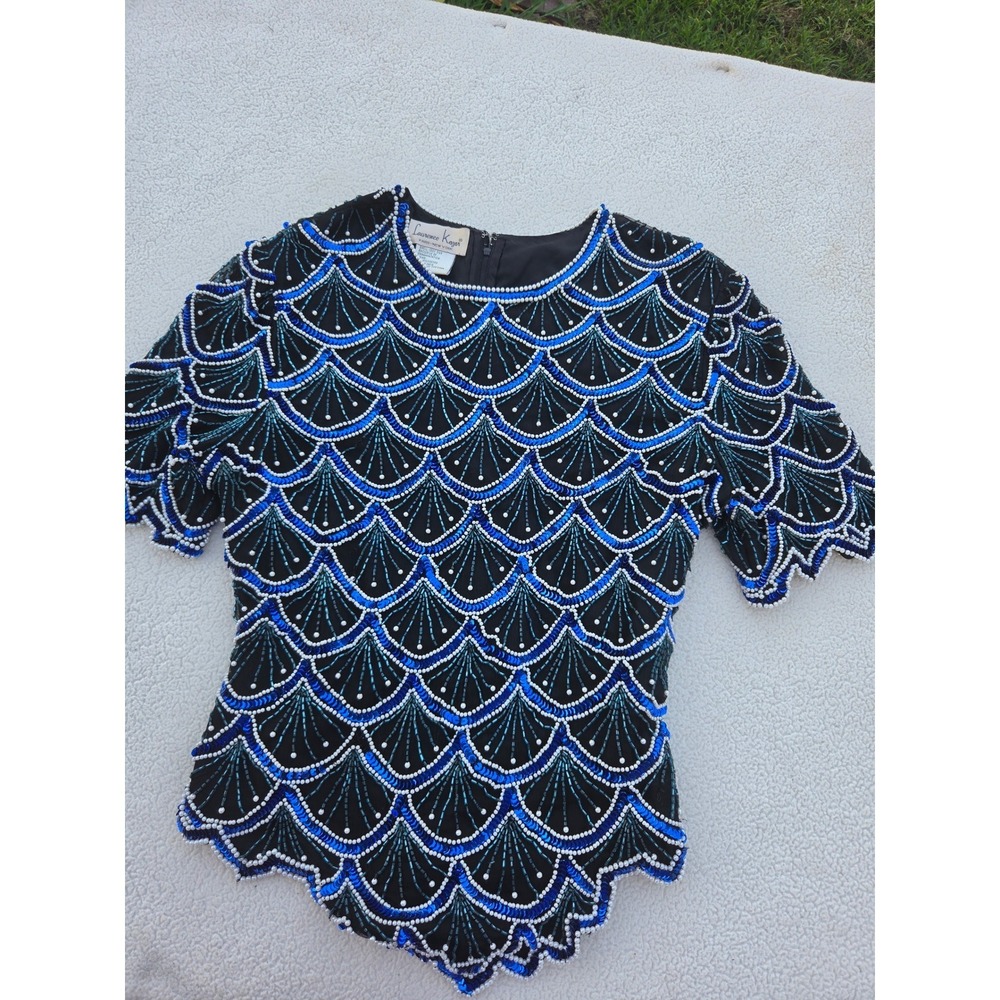 Laurence Kazar Beaded Silk Top Women M Blue Black Vintage Sequin Good Scalloped